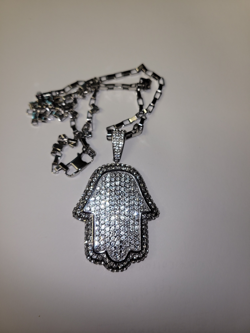 Silver Hamsa Hand Pendant Necklace with Pavé Stones
